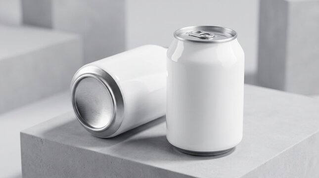 Two Glossy White Beverage Cans Mockup with Geometric Platforms