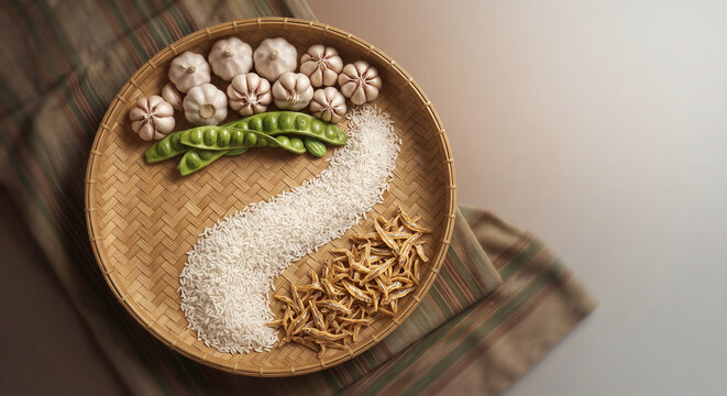 Raw rice, stinky beans petai, and dried anchovies in bamboo platter