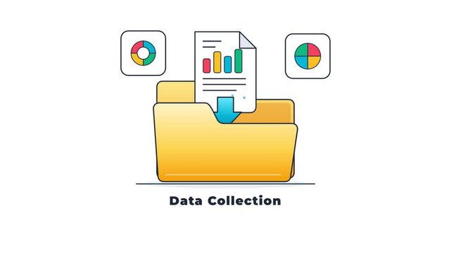 Yellow folder icon with document and charts representing data collection and file management concept.