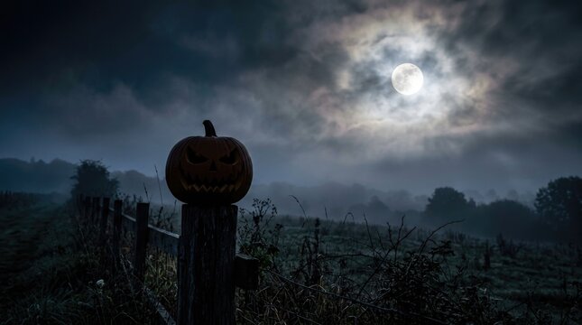 Spooky Jack-O'-Lantern under Full Moon Fog