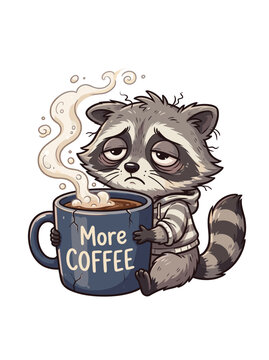 Sleepy tired raccoon sitting and hugging a large coffee mug. Ideal for cafe menus, social media posts, and merchandise design.
