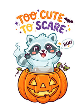 Cute ghost raccoon sitting inside a carved jack-o-lantern pumpkin saying boo on black. Perfect for Halloween party invitations, kids t-shirts, and greeting cards.