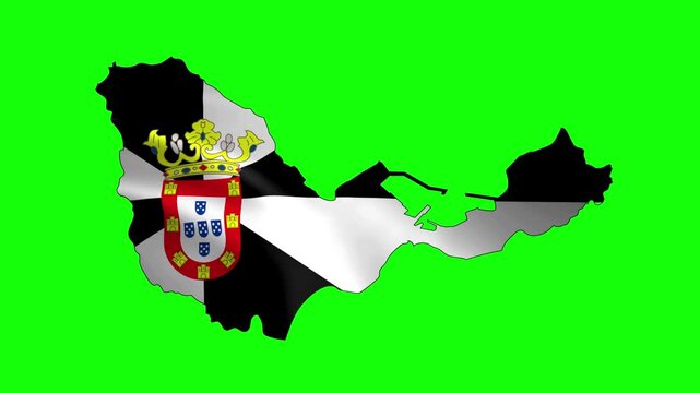 Ceuta city map filled with a waving black and white flag with coat of arms on a green screen