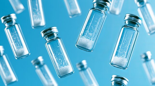 Small glass vials containing white powder suspended against a vibrant blue background, representing pharmaceutical concept and scientific research
