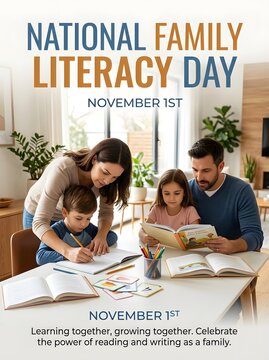 A happy family sitting at a table together reading books and writing notes to celebrate national family literacy day in november