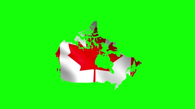 Canada map filled with a waving red maple leaf flag, animated on a chroma key green background