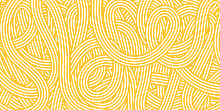 Noodle Ramen Pattern background. Wave yellow spaghetti lines. Abstract pasta food texture. Macaroni poster. Chinese or Italian cuisine packaging. Vector illustration