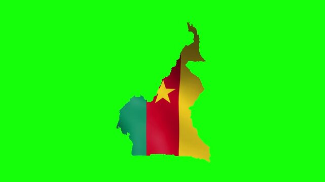 Waving Cameroon flag with yellow star inside the country map shape on a green screen background