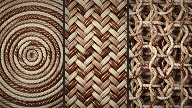Triptych of woven rope patterns featuring spiral, diagonal, and interlocking grid textures
