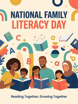 A colorful illustration celebrating national family literacy day with a diverse family reading books together in a warm and inviting atmosphere