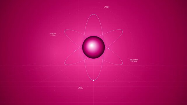 Scientific animation of an atomic nucleus with orbiting electrons in pink
