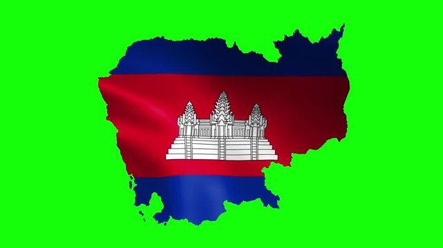Cambodia map filled with a waving flag showing Angkor Wat, animated on green screen background
