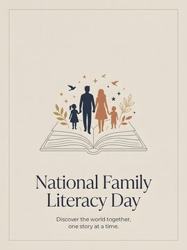 A beautiful illustration of a family standing on an open book celebrating national family literacy day with nature elements around them