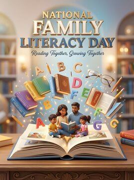 A happy family sits inside an open book within a library reading together to celebrate the national family literacy day event today