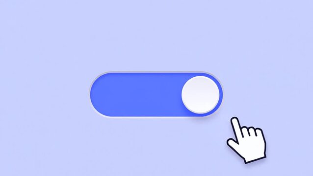 Animated user interface toggle switch smoothly changes from gray to vibrant blue as a white hand cursor clicks to turn on