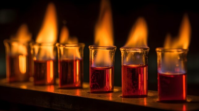 Six glass vials on wooden rack filled with red liquid and flames