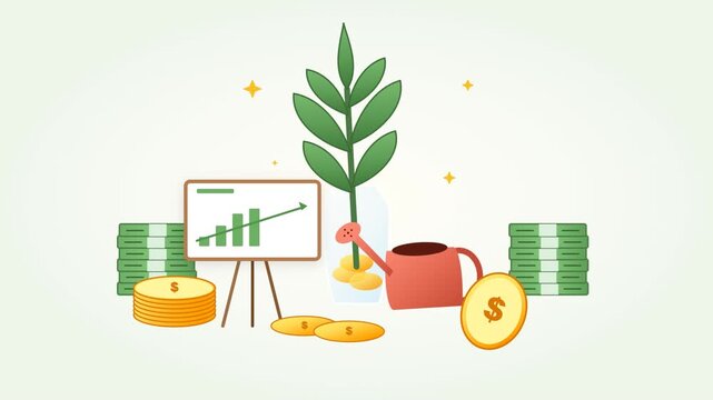 Flat vector illustration of financial growth with a plant being watered by a watering can.