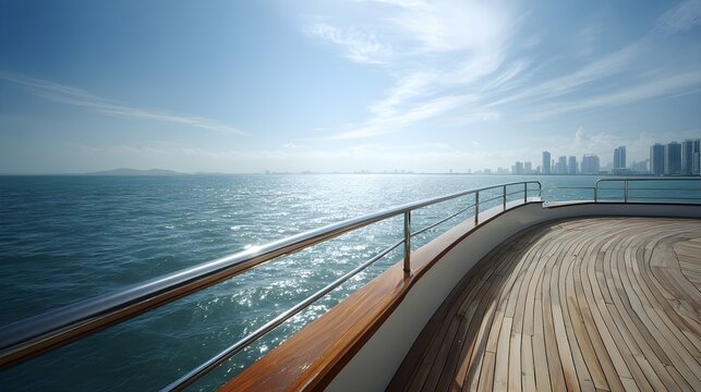 Curved teak yacht deck and railing overlooking calm ocean and distant skyline