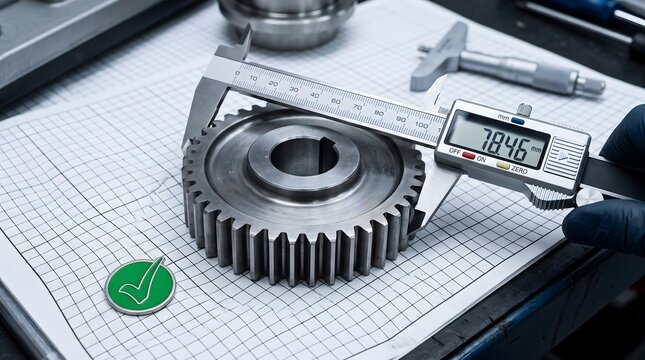 Professional technician measuring metal gear with digital caliper
