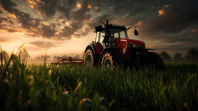 red tractor parked in tall field under dramatic cloudy sunrise sky