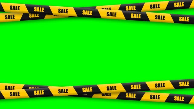 Yellow and black sale warning tape strips isolated on a bright green background.
