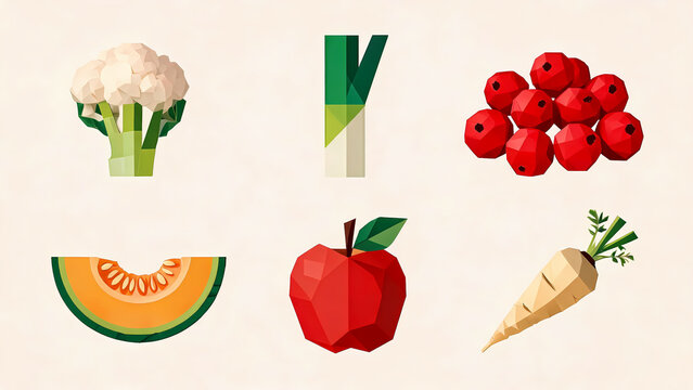 Low poly style vegetable and fruit icons arranged on light beige background