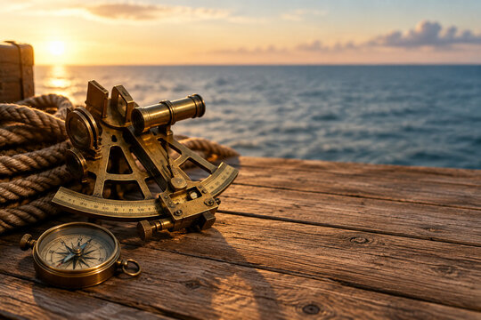 Antique brass sextant with rope and compass on wood, navigation and exploration concept