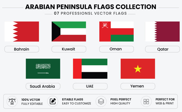 Set of 7 arabian peninsula country flags vector illustration