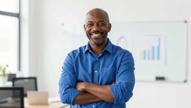 Confident African American Businessman Standing with Arms Crossed in Modern Office Setting with Whiteboard and Professional Workspace Background