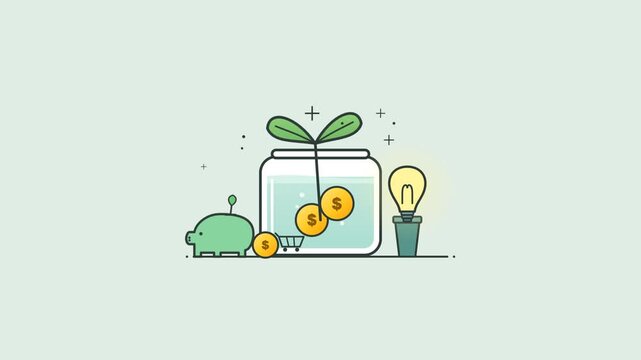 A flat vector illustration showing financial growth with a plant growing from a glass jar filled with coins.