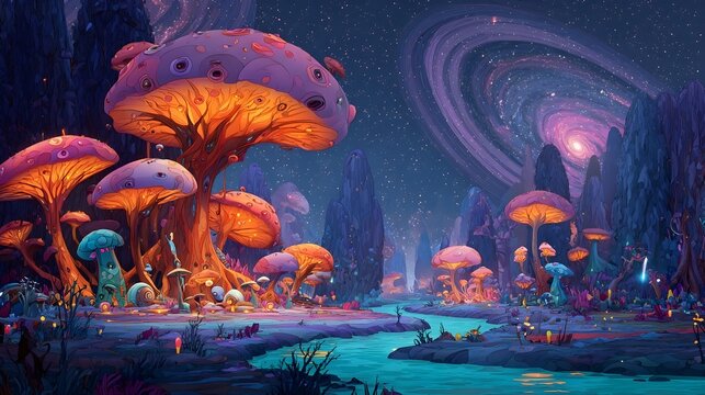 Glowing alien mushroom forest with river and ringed galaxy overhead