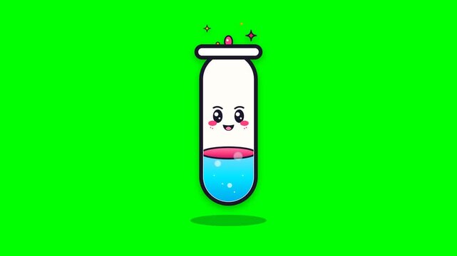 Cute cartoon test tube character with a happy face on a green background.