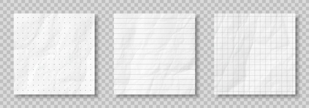 Crumpled paper effect. Sheet from grid and lined notebook. White and black page from sketchbook. Empty paper template or mockup. Realistic vector illustration set on transparent background