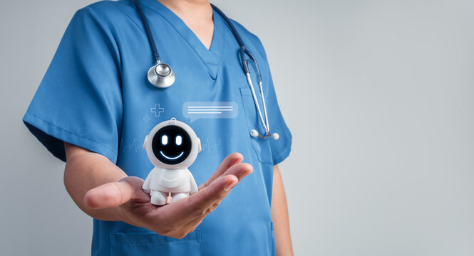 Healthcare professional holds friendly AI robot with medical interface graphics. Clinical support, healthcare automation, digital innovation, human-centered technology, and smarter medical workflows.
