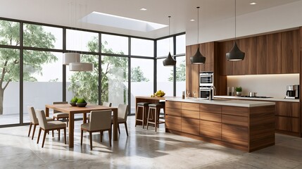 Obraz premium elegant open-plan kitchen and dining interior, warm wood cabinetry, large island with seating, contemporary pendant lights, polished stone floor, panoramic glass windows, bright natural illumination,