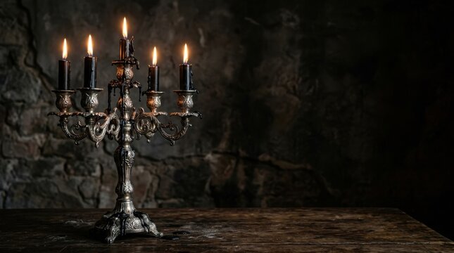 Antique ornate silver candelabra with black wax candles on a wooden table