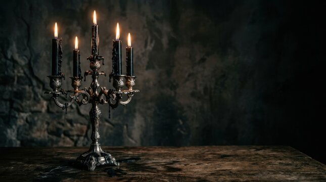 Antique ornate silver candelabra with black wax candles on a wooden table