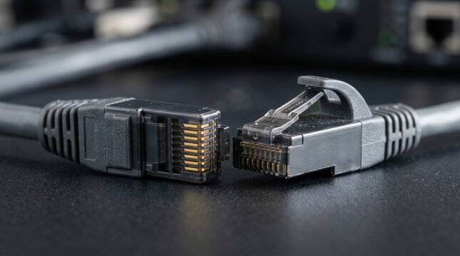 Network cable connectors ready to plug in for internet connection