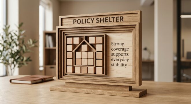 Wooden Policy Shelter Display with Cubes and House Symbol