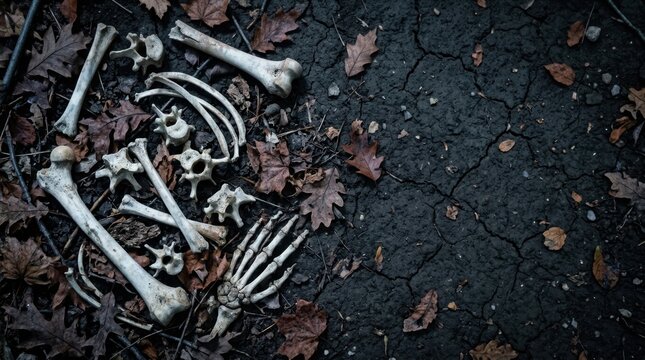 Scattered vintage skeleton bones and dried leaves on a dark ground