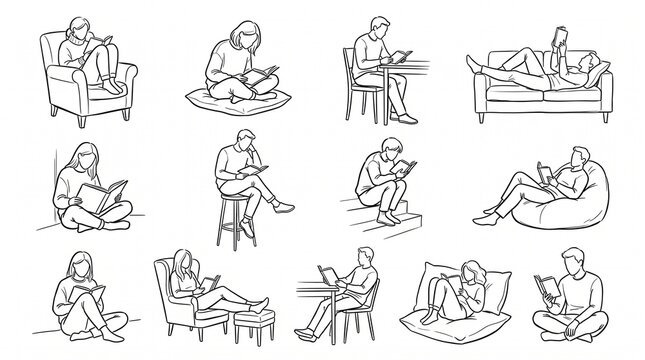 Set of line art illustrations featuring people reading books in various comfortable home settings.