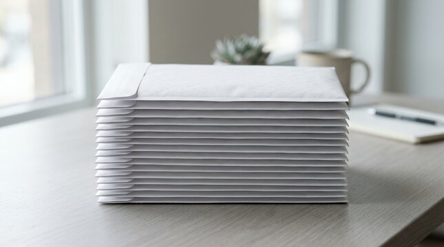 Stack of White Envelopes on a Desk with Office Supplies.