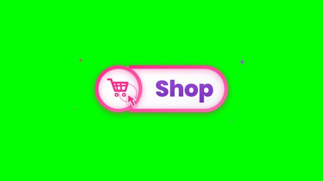 Pink shop button with shopping cart icon isolated on a green screen background.