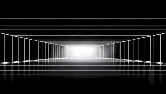 Abstract black and white geometric tunnel with infinite perspective and glowing light at end