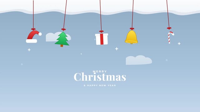 Merry Christmas and Happy New Year greeting card with hanging festive ornaments on blue background.