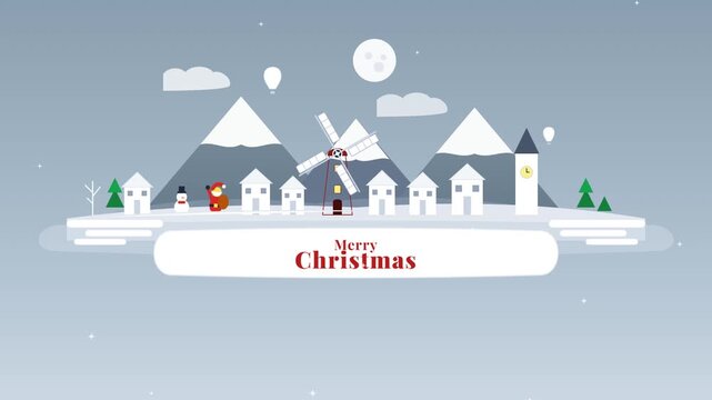 Flat illustration of a winter Christmas village with mountains and a windmill.