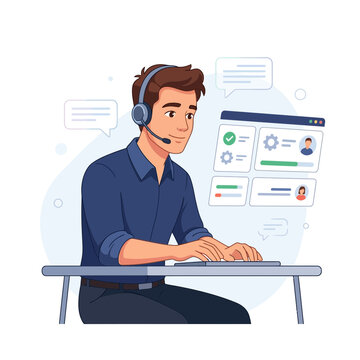 Customer service agent with headset working on computer, analyzing data, online support, communication concept