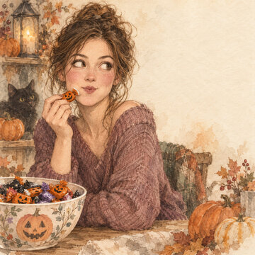 Mischievous young woman secretly eating Halloween candy
