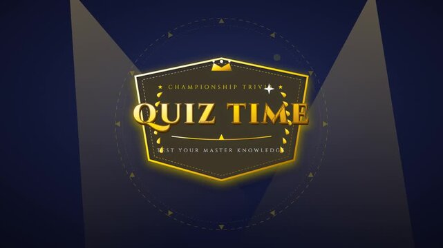 Elegant golden quiz time championship emblem on a dark blue background.