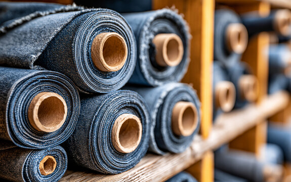 Close-up view of neatly stacked rolls of blue and beige denim fabric stored on wooden shelves in a textile warehouse.